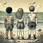 Trois enfants regardant l'horizon. Image générée par Dall-e.